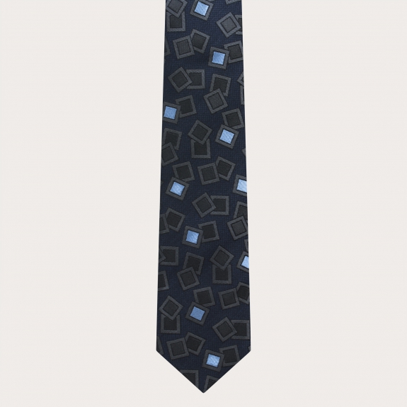 Abgestimmte Hosenträger und Krawatte aus Seide, marineblau mit anthrazitfarbenem und hellblauem Muster