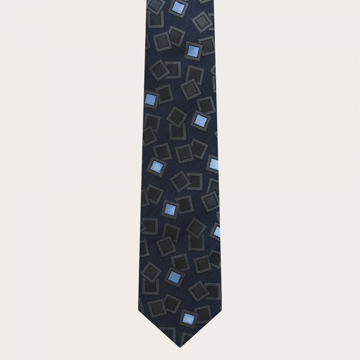 Abgestimmte Hosenträger und Krawatte aus Seide, marineblau mit anthrazitfarbenem und hellblauem Muster