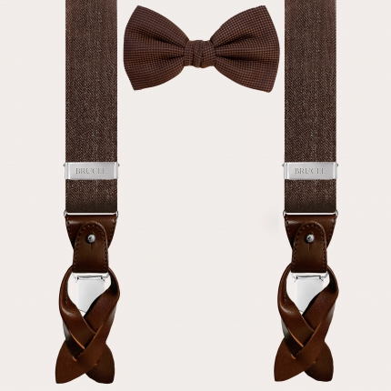 Coordinated set of jeans suspenders and brown jacquard bow tie