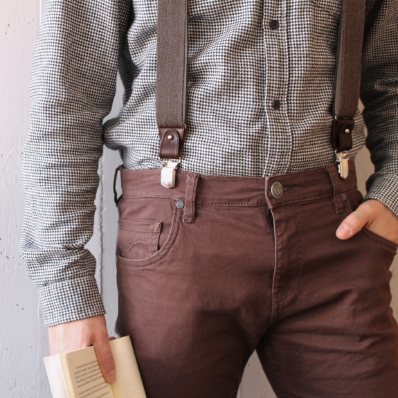 Coordinated set of jeans suspenders and brown jacquard bow tie