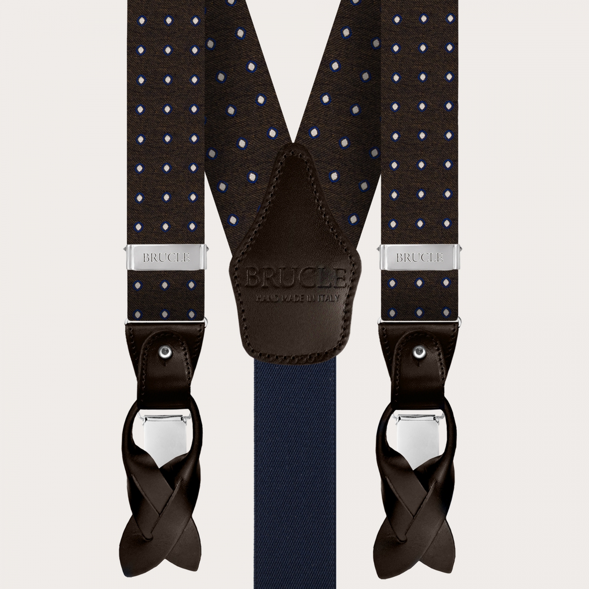 Bretelles et nœud papillon coordonnées en soie, pointillé brun foncé