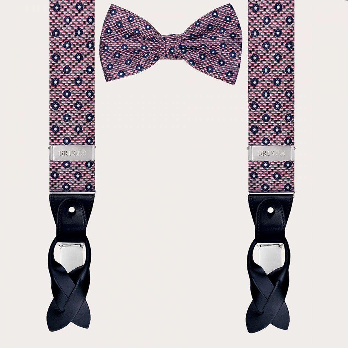 Coordinated suspenders and bowtie in silk, pink and blue pattern