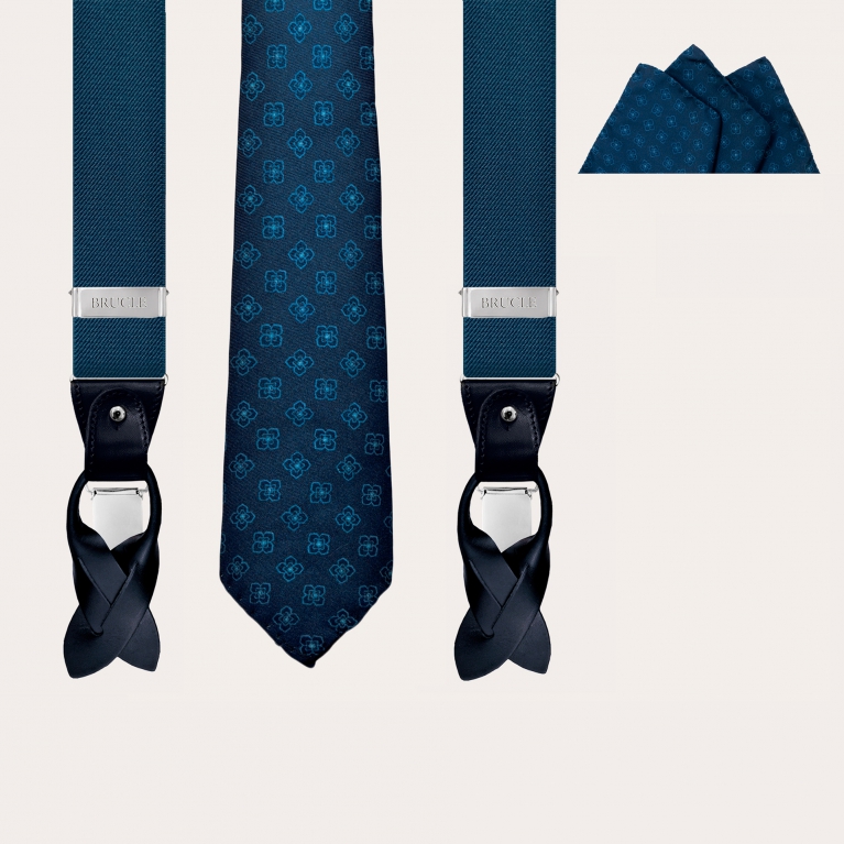 Elegante set di bretelle elastiche, cravatta e pochette in seta, toni di blu
