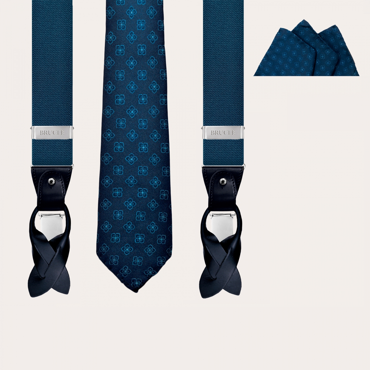 BRUCLE Set da cerimonia di bretelle, cravatta e pochette in seta, fantasia bordeaux