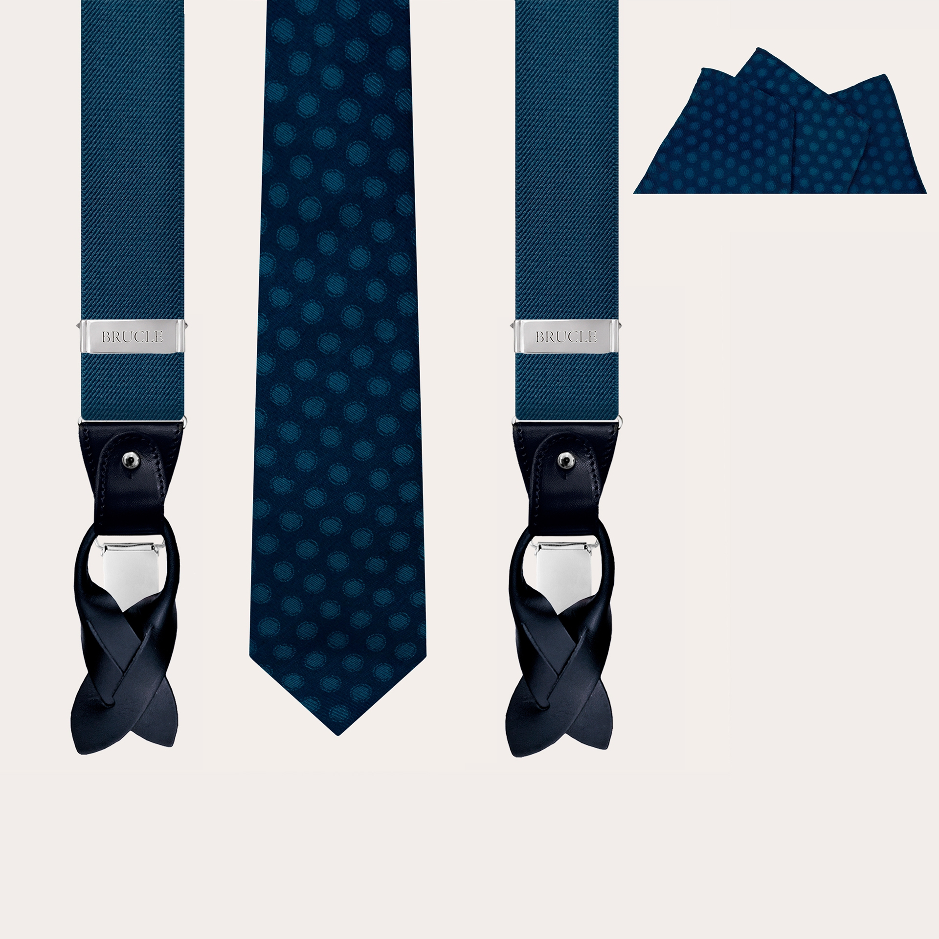 BRUCLE Elegantes Set aus elastischen Hosenträgern, Krawatte und Einstecktuch aus gepunkteter Seide