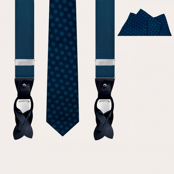 Elegante set di bretelle elastiche, cravatta e fazzoletto da taschino in seta a pois