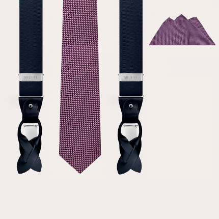 Elegante set di bretelle elastiche blu, cravatta e fazzoletto da taschino in seta rosa e blu
