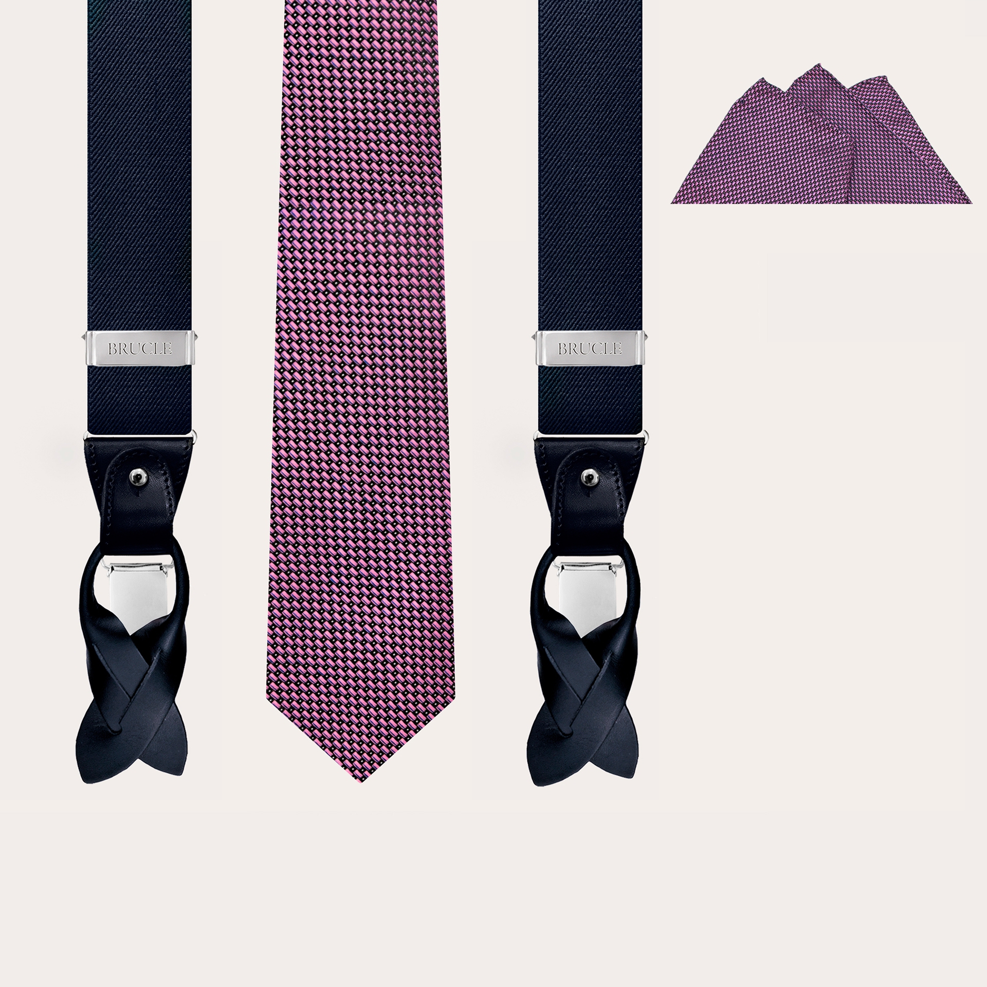 BRUCLE Elégant ensemble bleu bretelles élastiques, cravate et pochette en soie rose et bleu