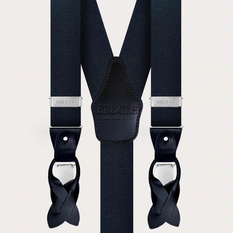 Elegante set di bretelle elastiche blu, cravatta e fazzoletto da taschino in seta rosa e blu