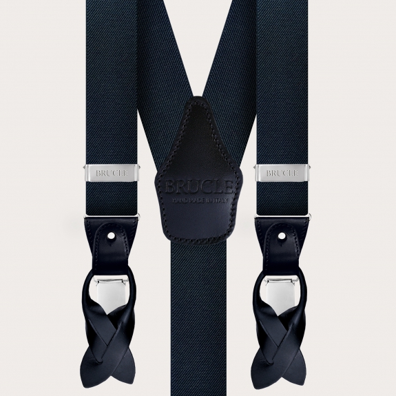 BRUCLE Elegant set of blue elastic suspenders, tie and pocket square in pink and blue silk