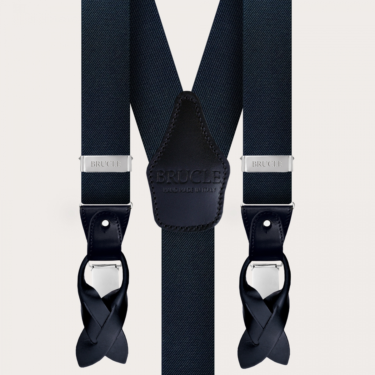 BRUCLE Elégant ensemble bleu bretelles élastiques, cravate et pochette en soie rose et bleu