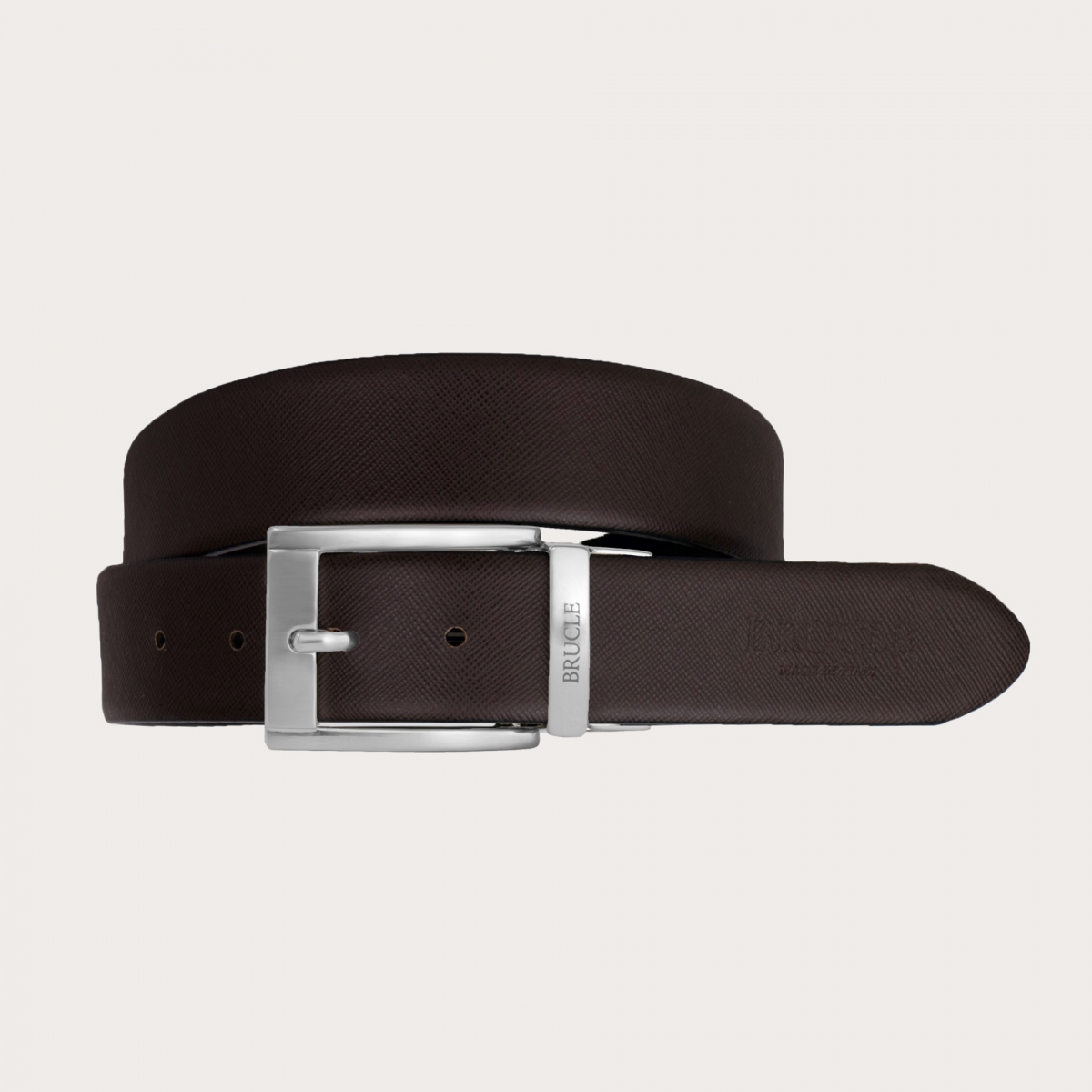 BRUCLE  Reversible black and brown saffiano leather business belt 