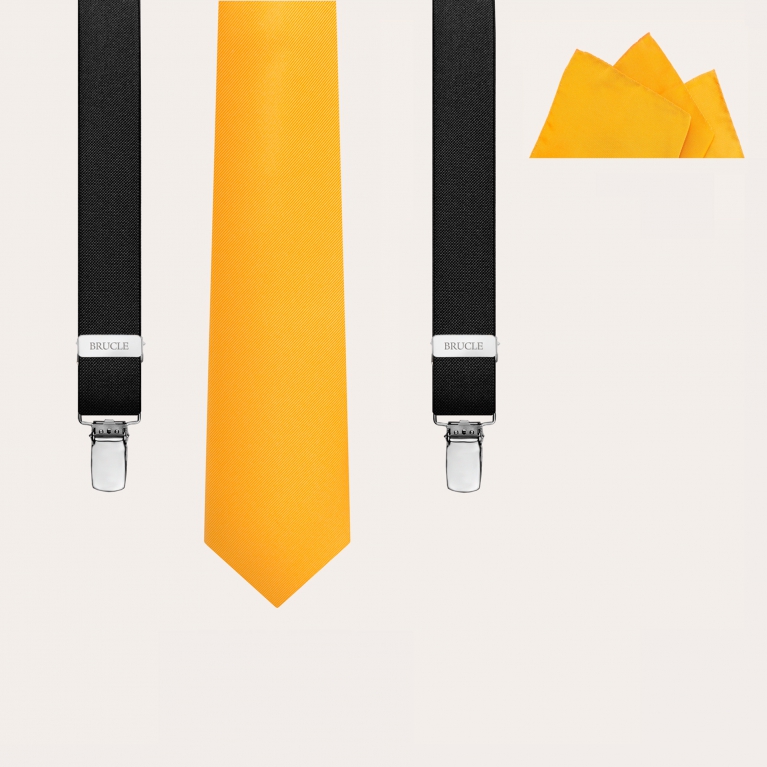 Set coordinato di bretelle nere, cravatta e pochette in seta gialla
