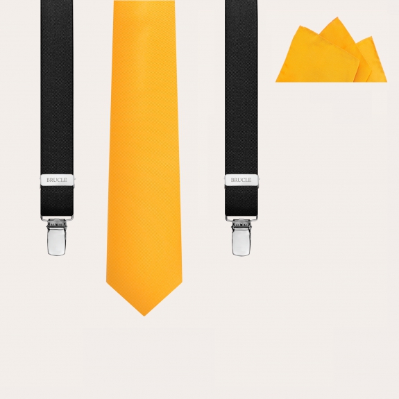 BRUCLE Coordinated set of black suspenders, necktie and pocket square in yellow silk