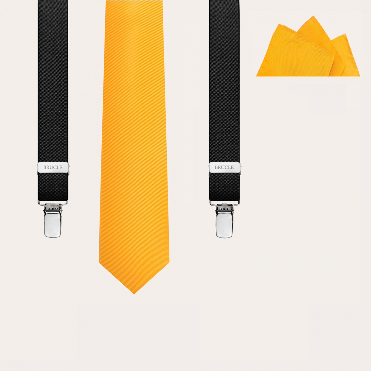 BRUCLE Coordinated set of black suspenders, necktie and pocket square in yellow silk