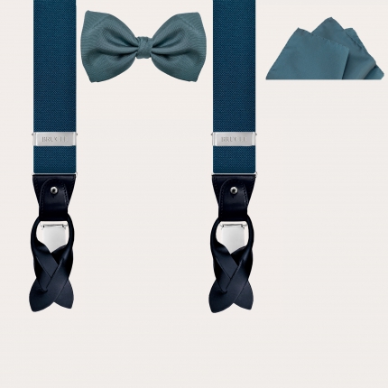 Elegant set of elastic suspenders, bow tie and pocket square in dusty blue jacquard silk
