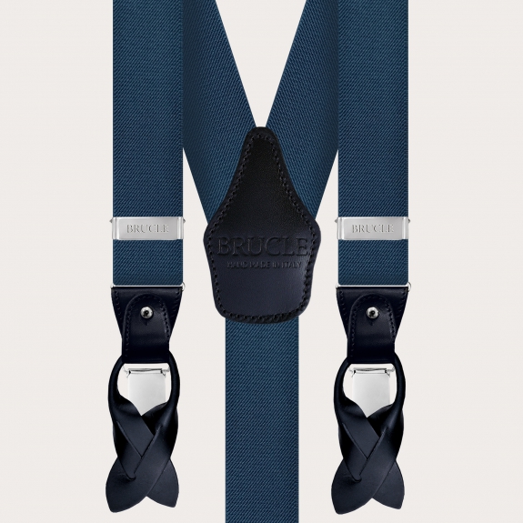 BRUCLE Elegant set of elastic suspenders, bow tie and pocket square in dusty blue jacquard silk