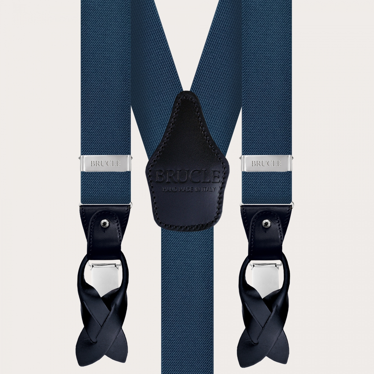 BRUCLE Elegantes Set aus elastischen Hosenträgern, Fliege und Einstecktuch aus staubblauer Jacquard-Seide