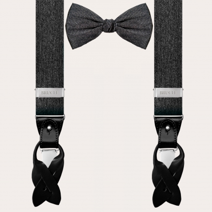 BRUCLE Melange set of elastic suspenders and bow tie, black and silver