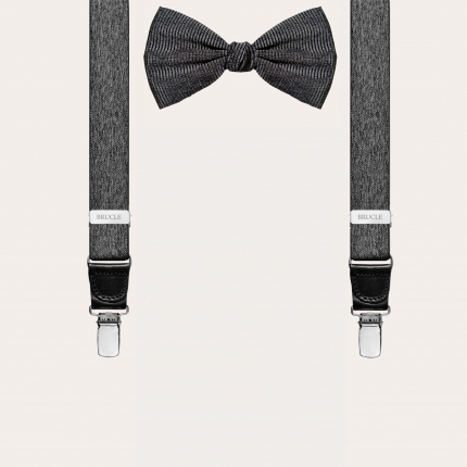 Melange set of elastic suspenders and bow tie, black and silver