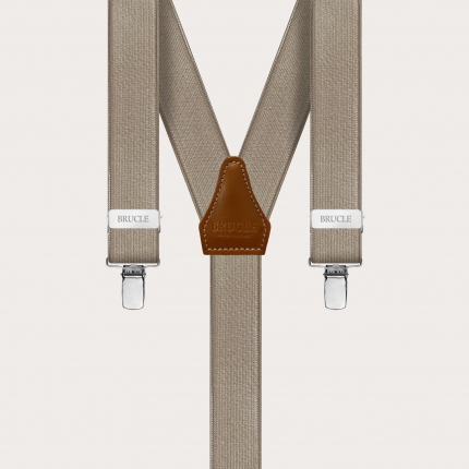 Formal skinny Y-shape elastic suspenders with clips, satin tan
