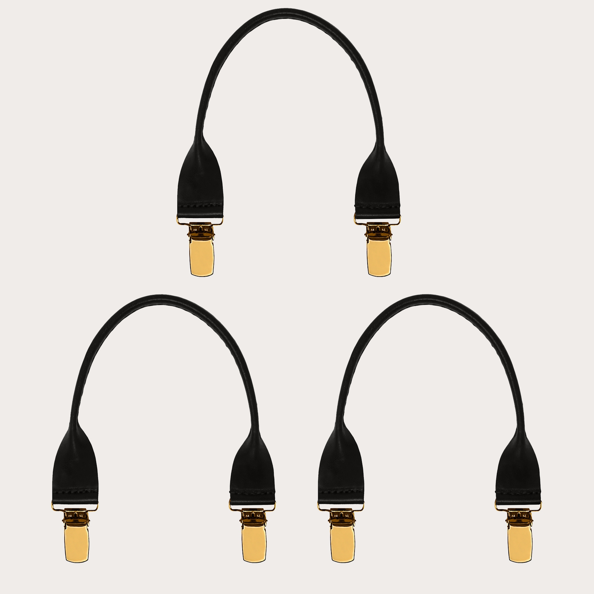 Leather buttonhole braces with gold clips, 3 pieces, black