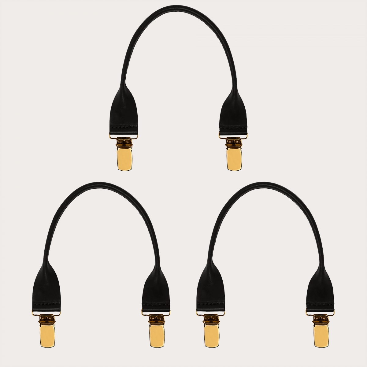 Leather buttonhole braces with gold clips, 3 pieces, black