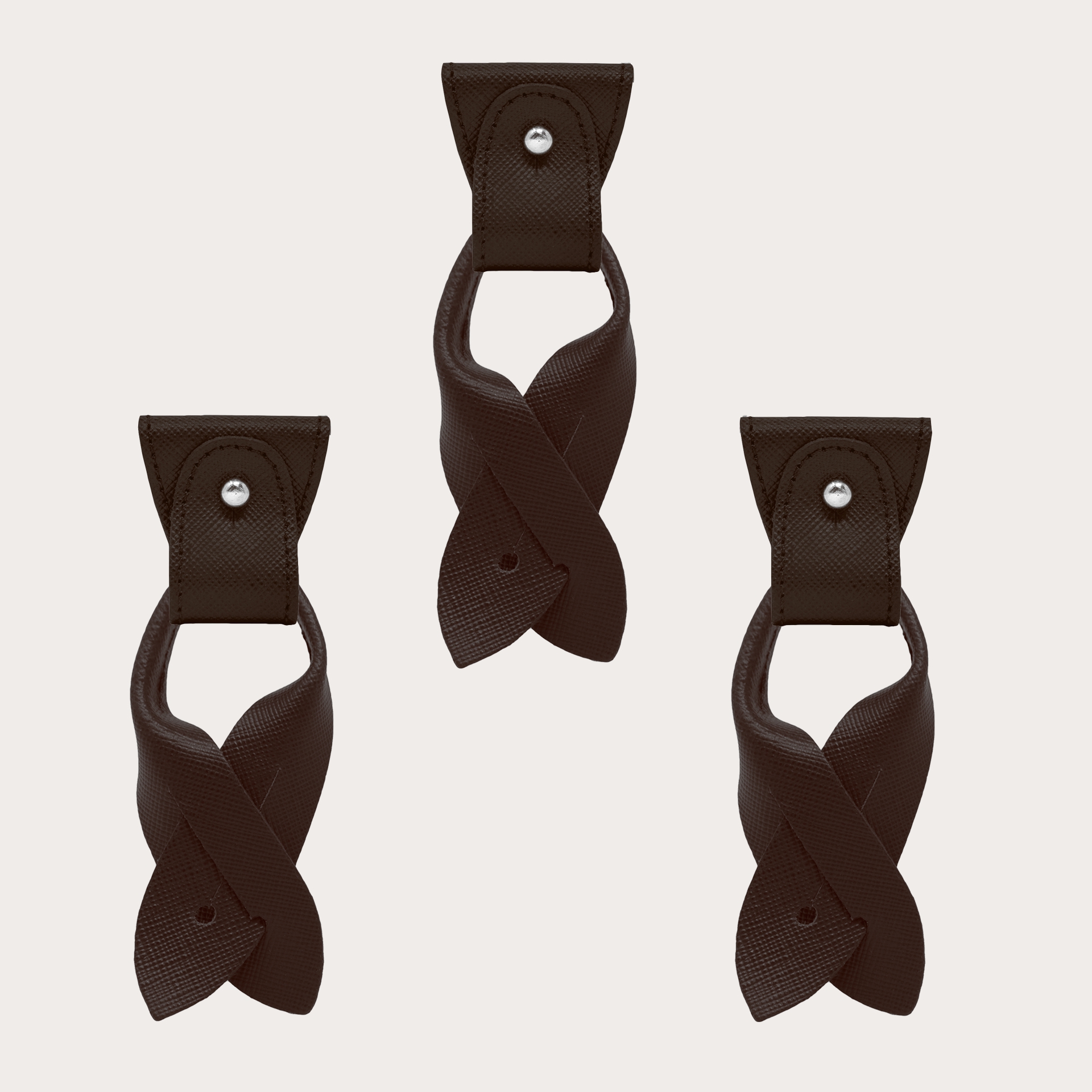 Remplacement pour bretelles en forme de Y- Extrémités convertibles + pattes pour boutons, saffiano brun foncé