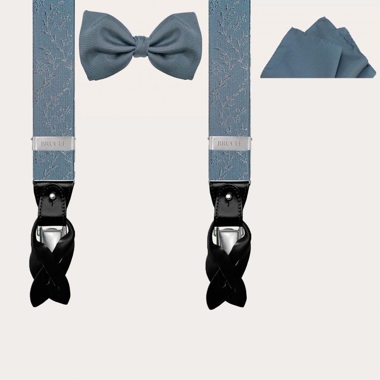 Dusty blue ceremony set, elastic suspenders, silk bow tie and silk pocket square