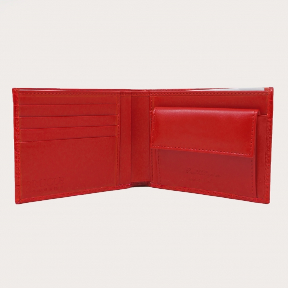 BRUCLE Elégant portefeuille en alligateur avec porte-monnaie, rouge