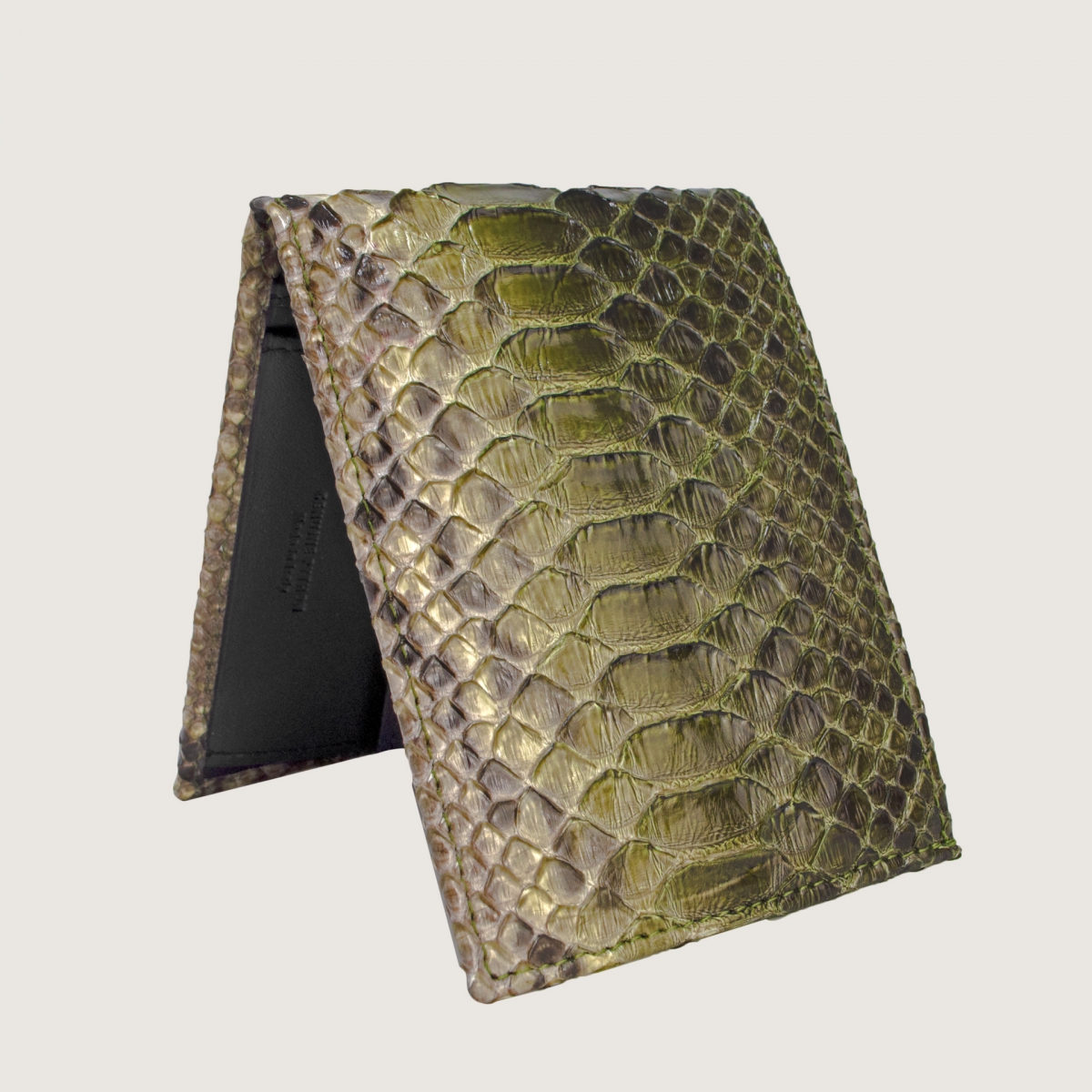 Handmade men's wallet in genuine python, green nuanced mud