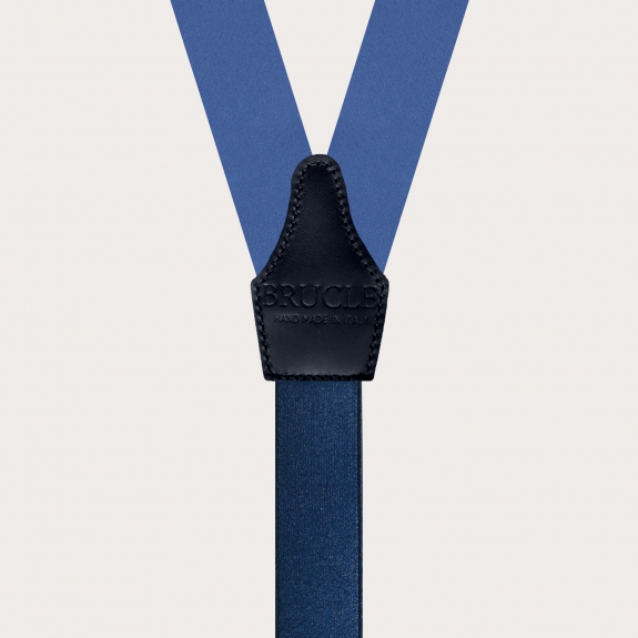 Bretelle azzurre in raso di seta con asole, uso bottoni