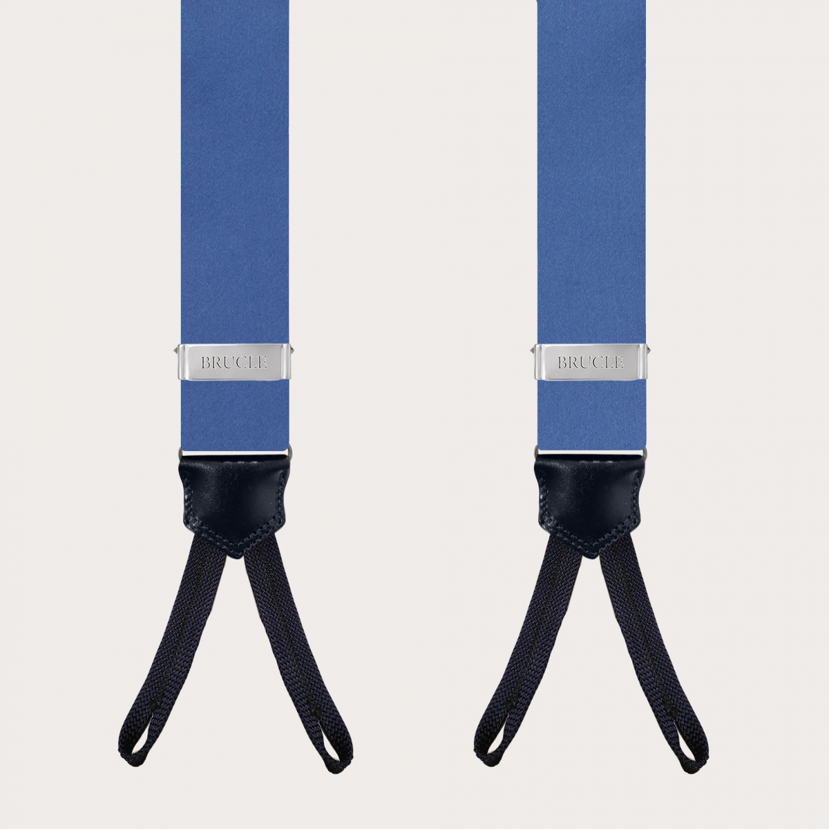 Bretelle azzurre in raso di seta con asole, uso bottoni