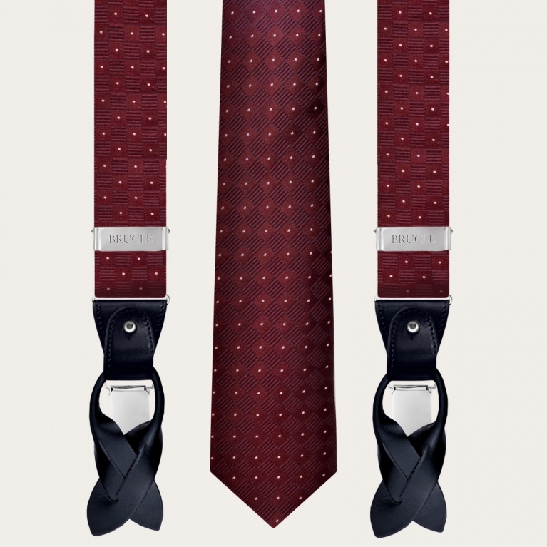 Coordinated suspenders and necktie in silk, jacquard burgundy