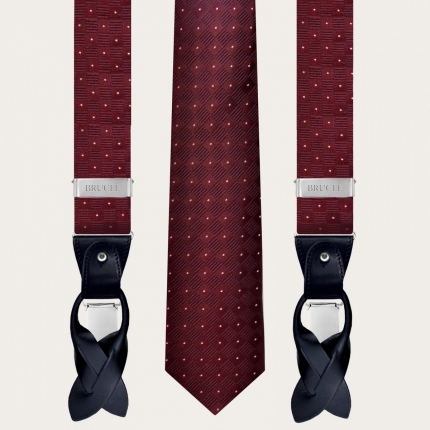 Bretelles et cravate coordonnées en soie, jacquard bordeaux à pois