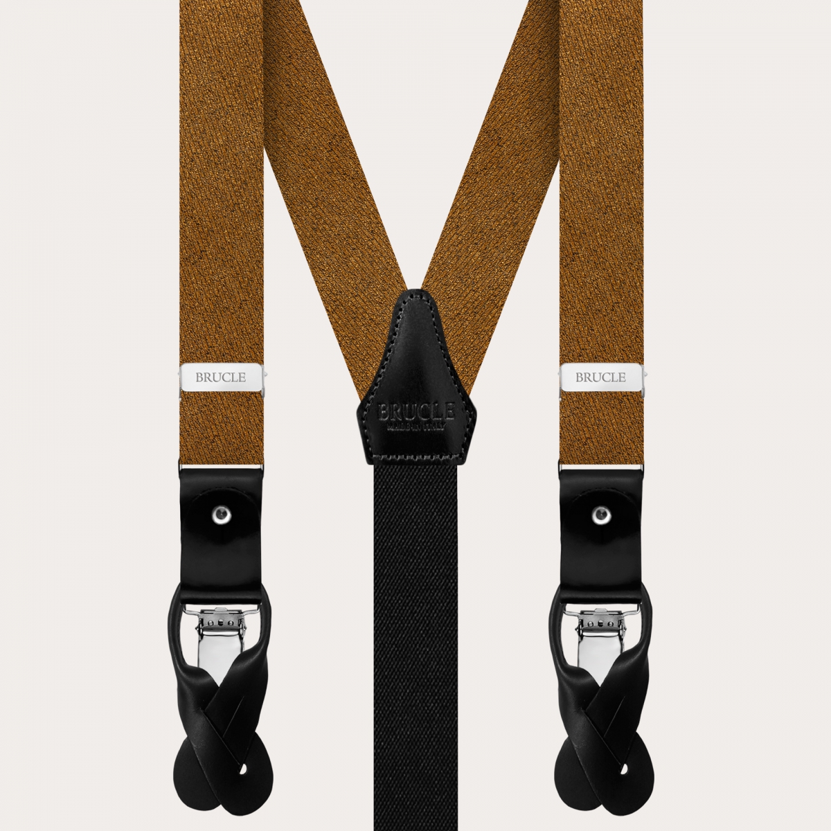 BRUCLE Exclusive thin suspenders in gold iridescent silk