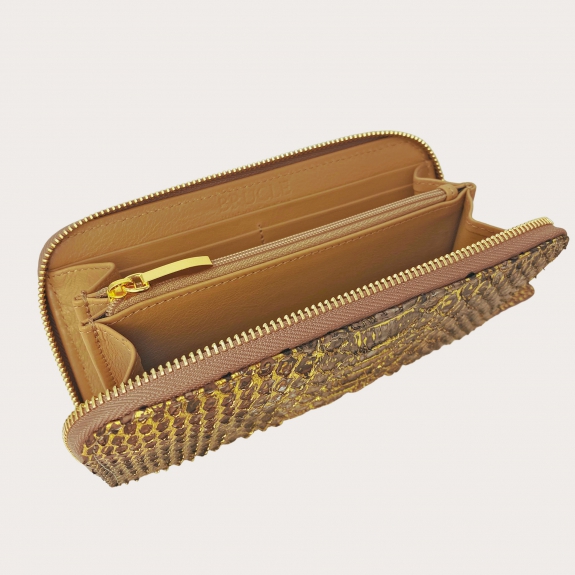 Portefeuille or en python zippé, pour femme