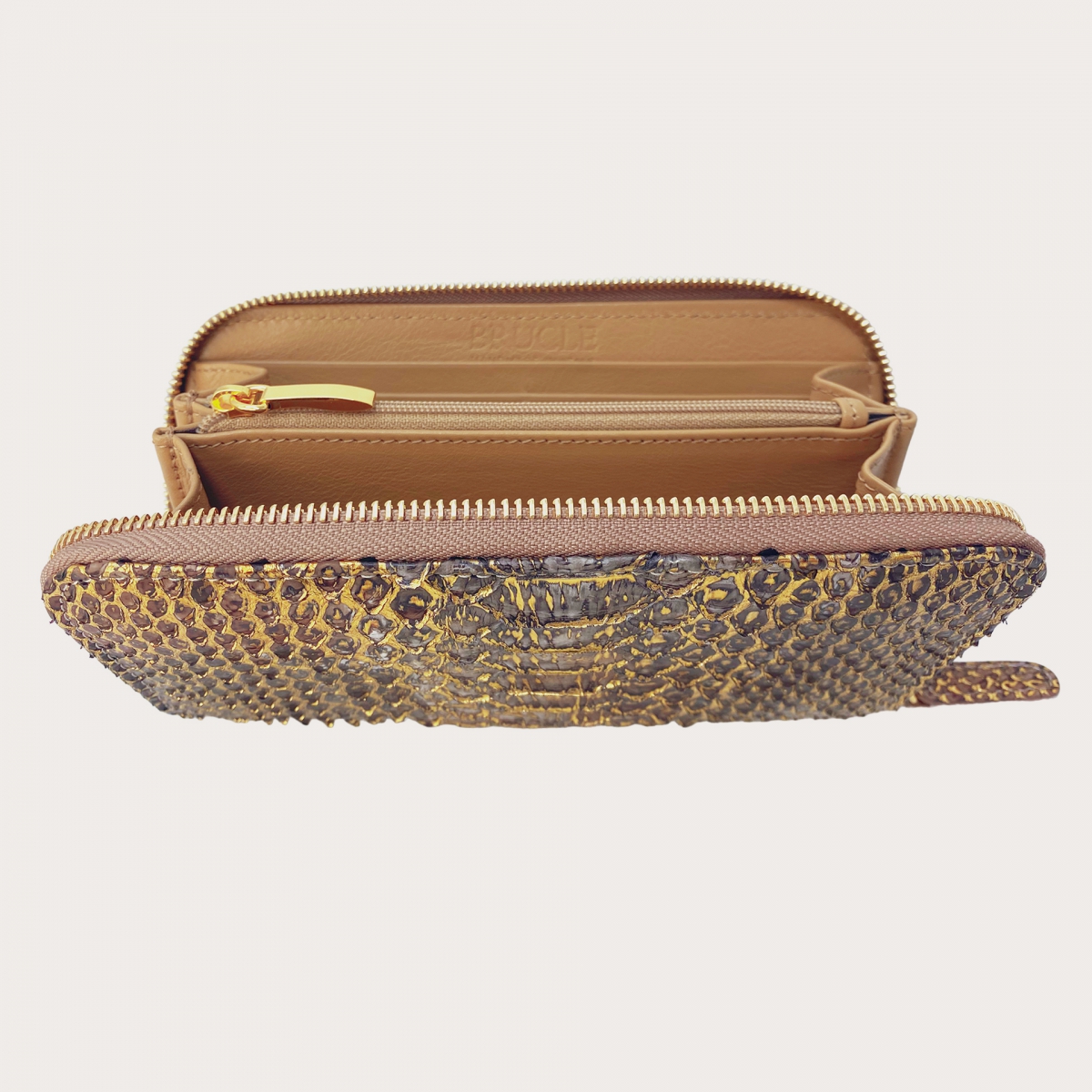 Portefeuille or en python zippé, pour femme