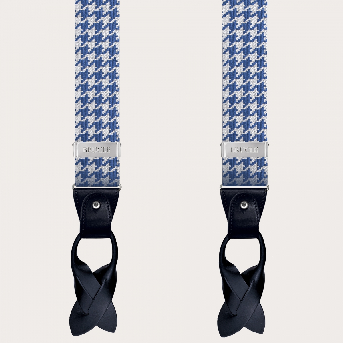 BRUCLE Refined silk suspenders with white and blue houndstooth motif