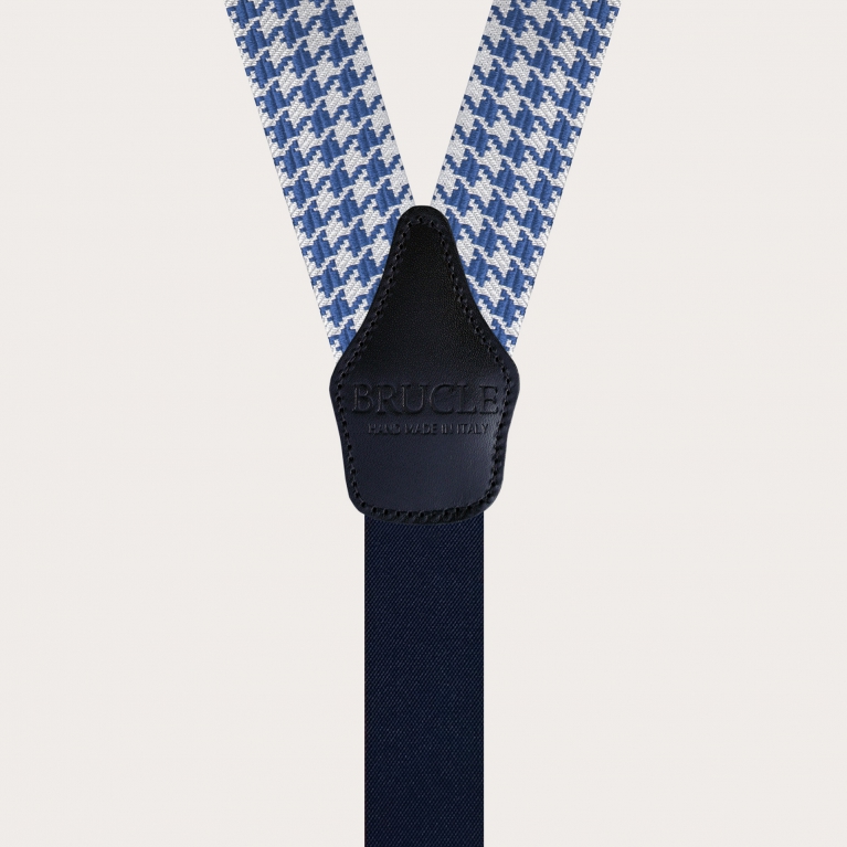 Refined silk suspenders with white and blue houndstooth motif