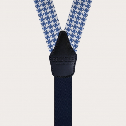 Refined silk suspenders with white and blue houndstooth motif