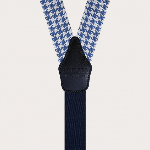 BRUCLE Raffinate bretelle in seta con motivo pied de poule bianco e azzurro