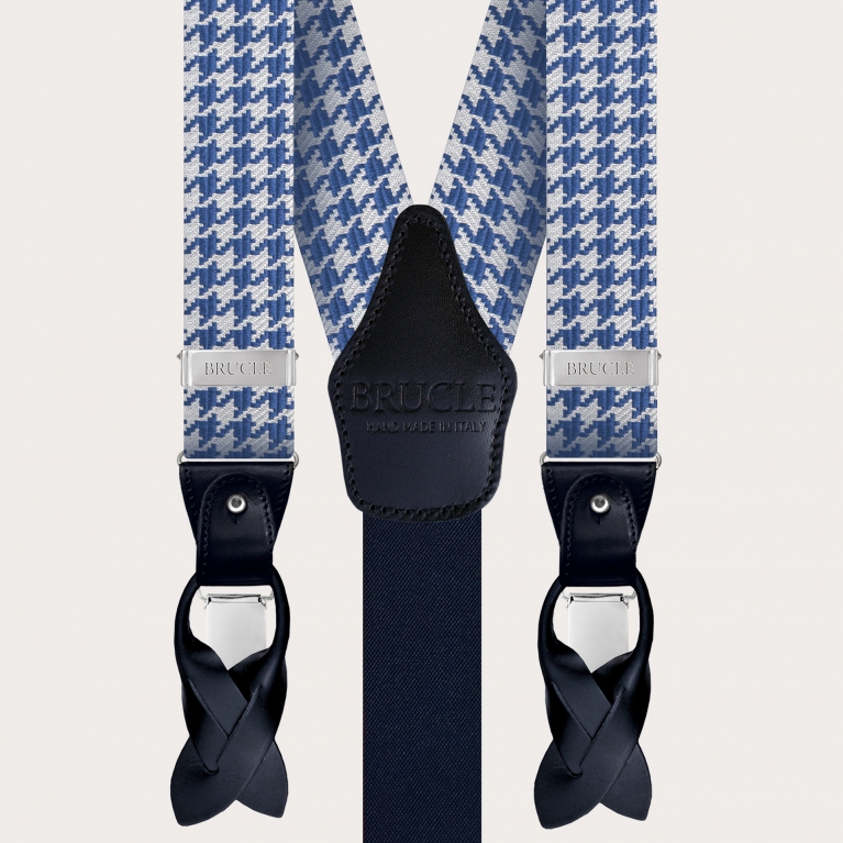 Raffinate bretelle in seta con motivo pied de poule bianco e azzurro