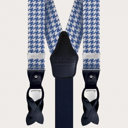 Raffinate bretelle in seta con motivo pied de poule bianco e azzurro