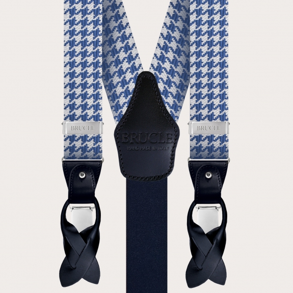 BRUCLE Refined silk suspenders with white and blue houndstooth motif