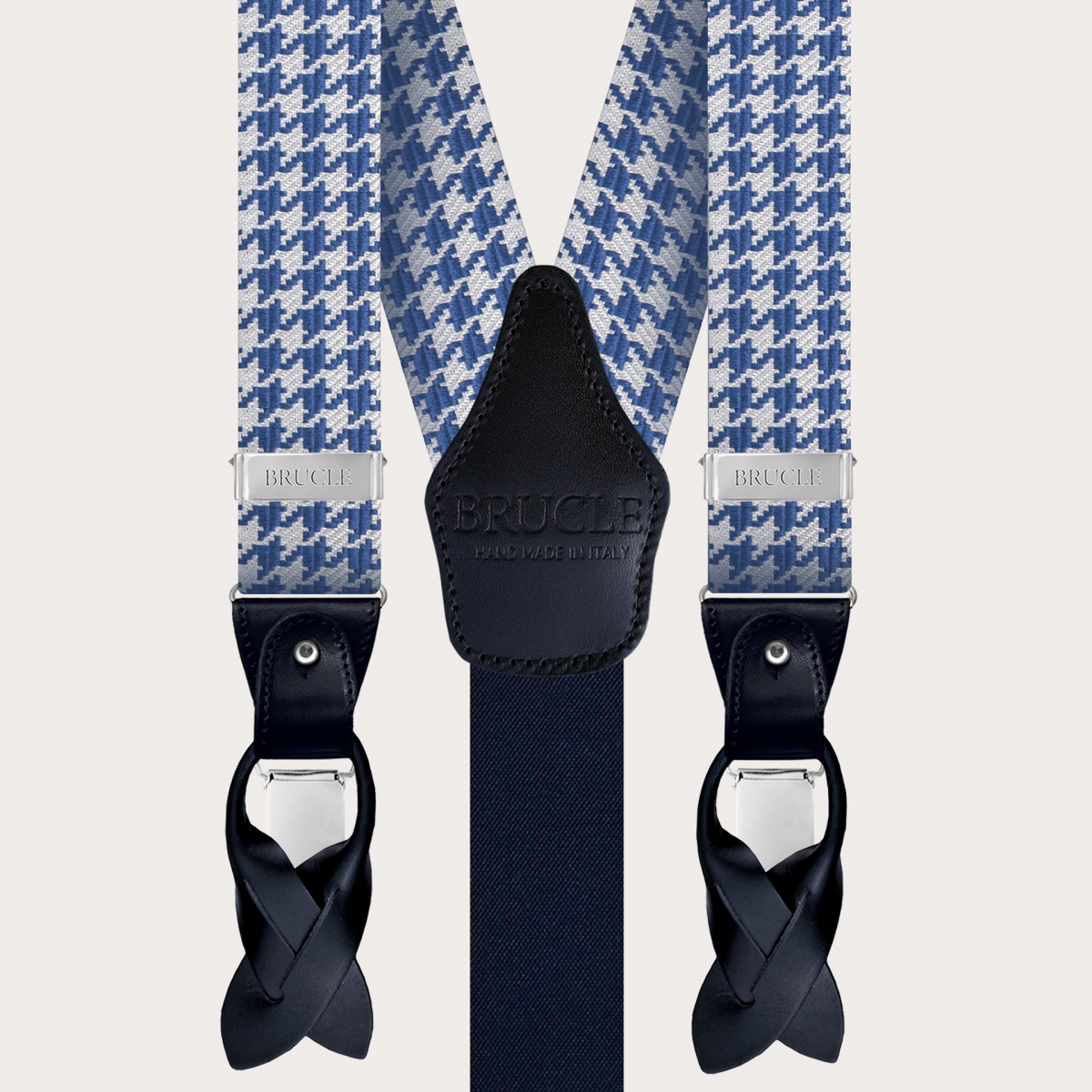 BRUCLE Raffinate bretelle in seta con motivo pied de poule bianco e azzurro