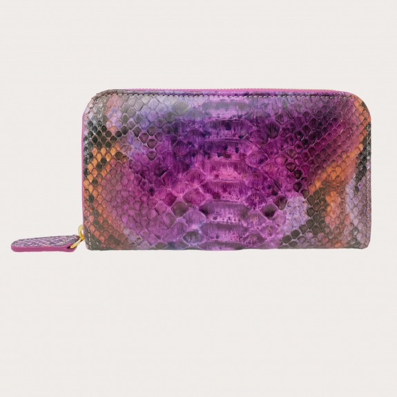 Portefeuille fuchsia or en cuir python zippé, pour femme
