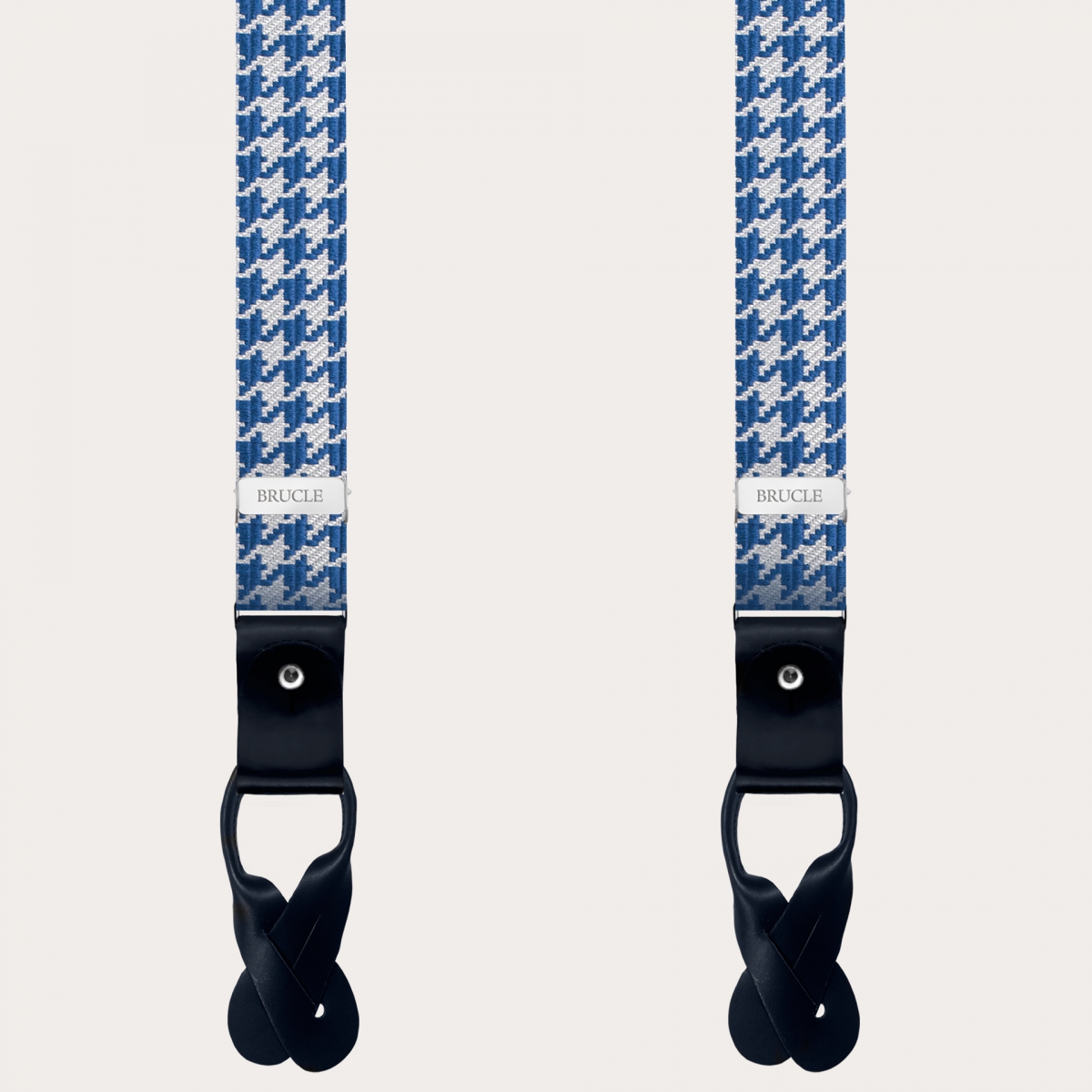 BRUCLE Bretelle sottili in seta con motivo pied de poule bianco e azzurro