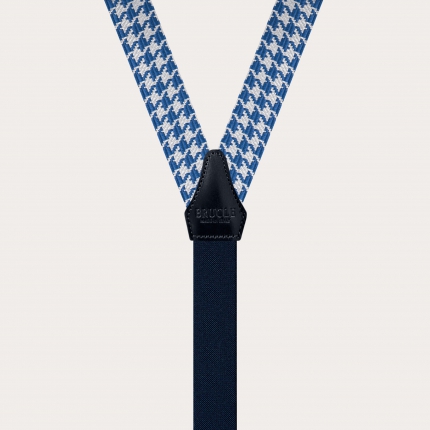 Bretelle sottili in seta con motivo pied de poule bianco e azzurro