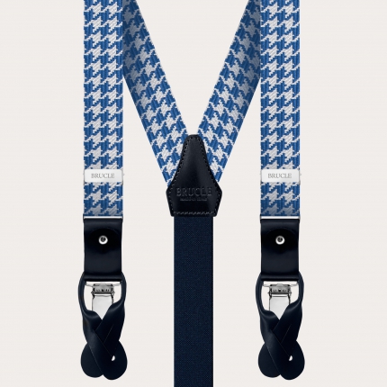 Thin suspenders in silk with white and blue houndstooth motif